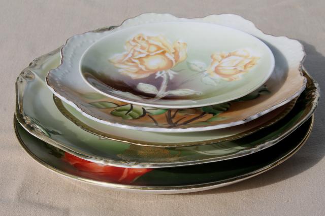 photo of fruit & floral hand painted china plates, mismatched antique vintage dishes #2