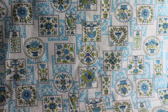 photo of full bolt 18 yards cottage style vintage cotton fabric, avocado green & blue print folk art  #1