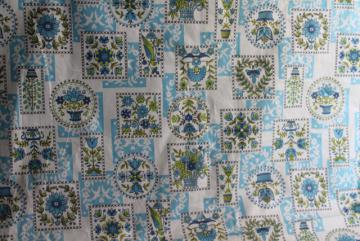 catalog photo of full bolt 18 yards cottage style vintage cotton fabric, avocado green & blue print folk art 