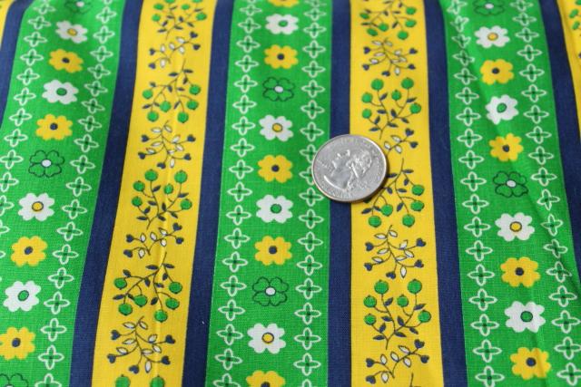 photo of full bolt 18 yards vintage print cotton fabric, preppy green yellow navy flowered stripe #1