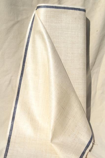 photo of full bolt vintage Irish linen fabric, natural flax blue band kitchen towel cloth, 1920s 30s  #1