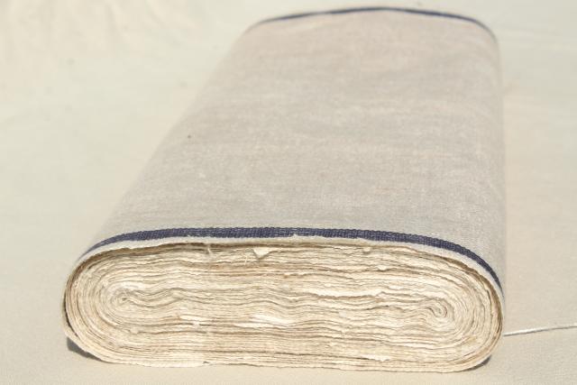 photo of full bolt vintage Irish linen fabric, natural flax blue band kitchen towel cloth, 1920s 30s  #3
