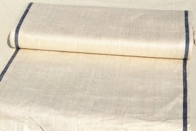 photo of full bolt vintage Irish linen fabric, natural flax blue band kitchen towel cloth, 1920s 30s  #5