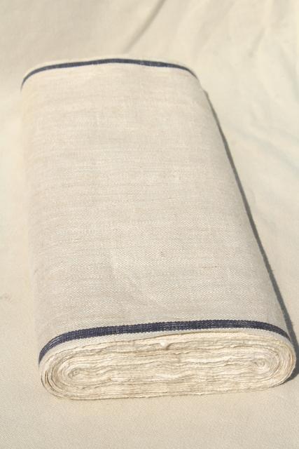 photo of full bolt vintage Irish linen fabric, natural flax blue band kitchen towel cloth, 1920s 30s  #6