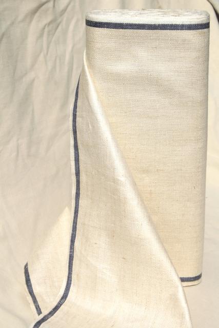 photo of full bolt vintage Irish linen fabric, natural flax blue band kitchen towel cloth, 1920s 30s  #7