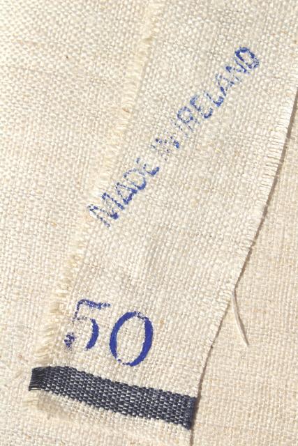 photo of full bolt vintage Irish linen fabric, natural flax blue band kitchen towel cloth, 1920s 30s  #9