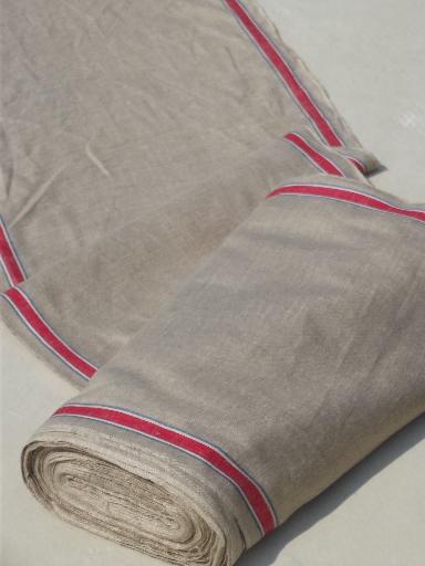 photo of full bolt vintage natural flax linen towel / runner fabric, red & blue stripe  #1