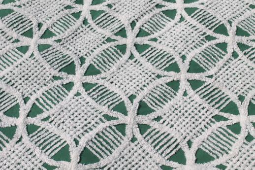 photo of full vintage cotton chenille bedspread, white wedding ring pattern on jade green #8