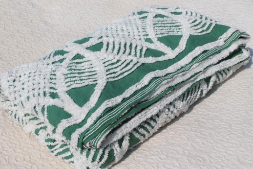 photo of full vintage cotton chenille bedspread, white wedding ring pattern on jade green #10