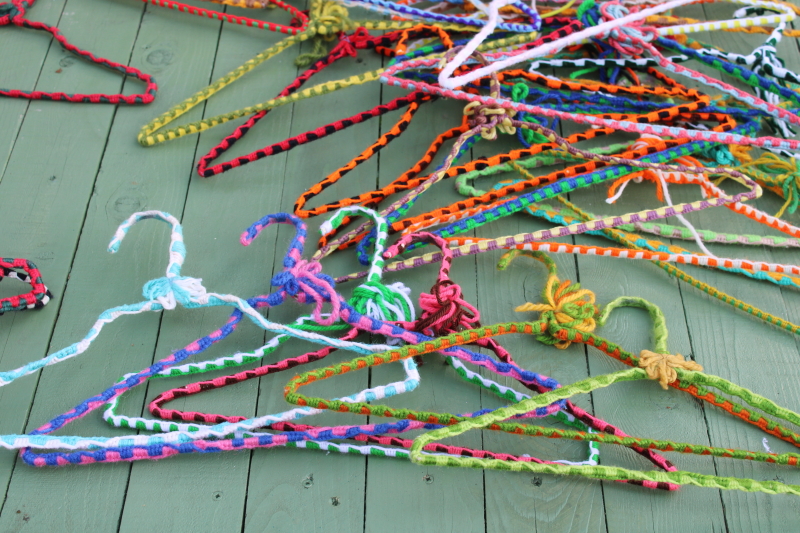 photo of funky boho vintage yarn wrapped wire clothes hangers, huge lot 75+ hangers colorful retro display for store or closet  #2