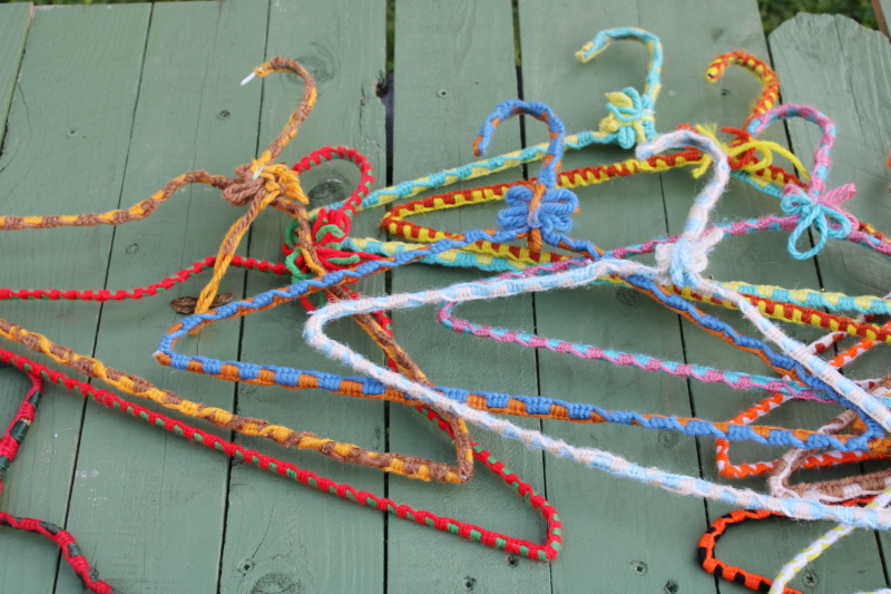 photo of funky boho vintage yarn wrapped wire clothes hangers, huge lot 75+ hangers colorful retro display for store or closet  #3