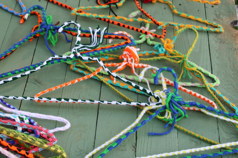 photo of funky boho vintage yarn wrapped wire clothes hangers, huge lot 75+ hangers colorful retro display for store or closet  #4