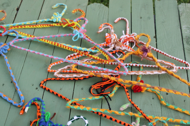 photo of funky boho vintage yarn wrapped wire clothes hangers, huge lot 75+ hangers colorful retro display for store or closet  #5