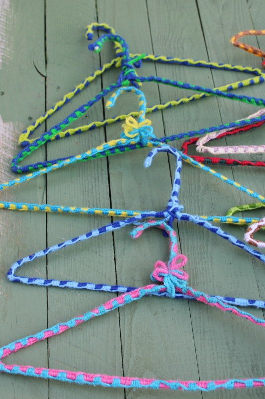 photo of funky boho vintage yarn wrapped wire clothes hangers, huge lot 75+ hangers colorful retro display for store or closet  #7
