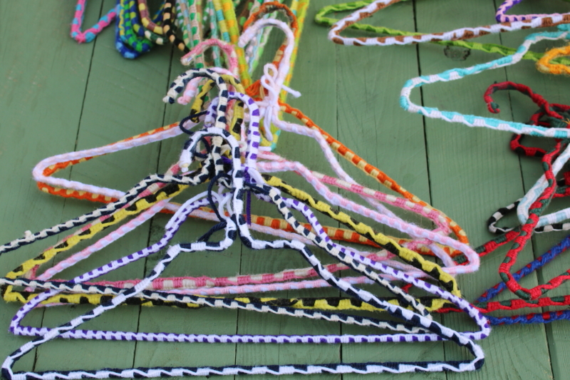 photo of funky boho vintage yarn wrapped wire clothes hangers, huge lot 75+ hangers colorful retro display for store or closet  #9