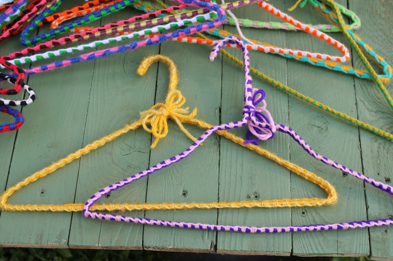 photo of funky boho vintage yarn wrapped wire clothes hangers, huge lot 75+ hangers colorful retro display for store or closet  #11