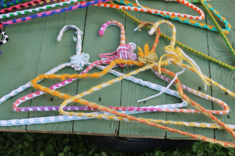 photo of funky boho vintage yarn wrapped wire clothes hangers, huge lot 75+ hangers colorful retro display for store or closet  #12
