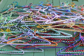 funky boho vintage yarn wrapped wire clothes hangers, huge lot 75+ hangers colorful retro display for store or closet 