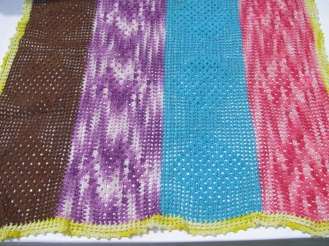 photo of funky bright colored patchwork crochet cotton lace table runner, 1960s vintage #2