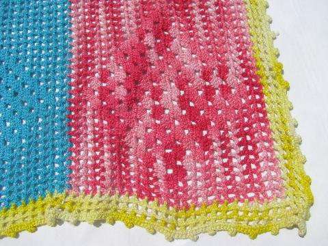 photo of funky bright colored patchwork crochet cotton lace table runner, 1960s vintage #3