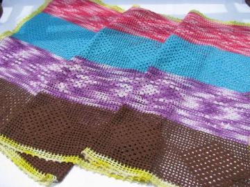 catalog photo of funky bright colored patchwork crochet cotton lace table runner, 1960s vintage