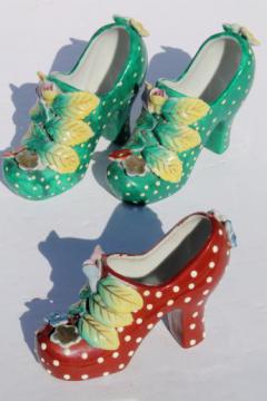 catalog photo of funky retro high heels shoe plant vases, vintage Japan painted polka dot pumps!