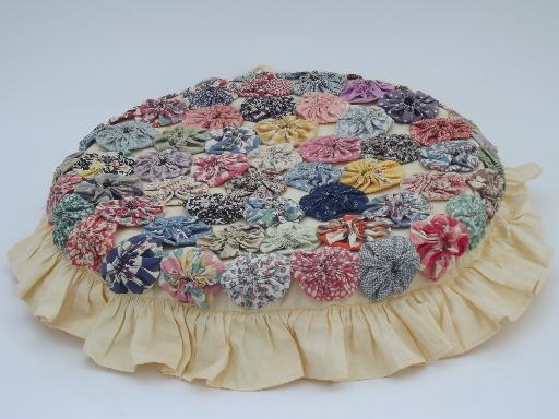photo of funky retro yoyo patchwork throw pillow, all vintage cotton prints #2