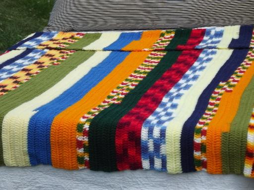 photo of funky stripes retro patchwork scrap yarn crochet afghan, 70s 80s vintage #1