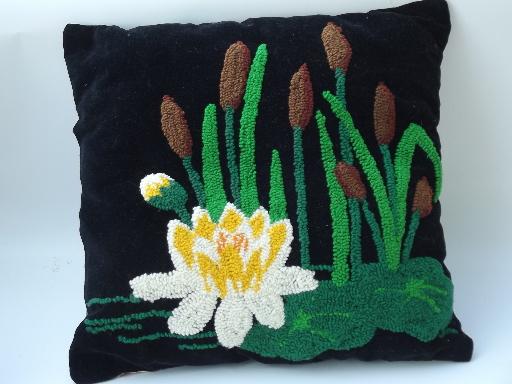 photo of funky vintage black cotton velvet pillow, chenille water lily, cat tails #1