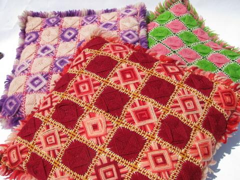 photo of funky vintage flower power embroidered yarn throw pillows, bright colors #1