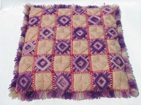 photo of funky vintage flower power embroidered yarn throw pillows, bright colors #3