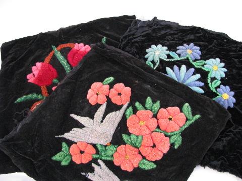 photo of funky vintage pillow top covers, looped chenille embroidery on velvet #1