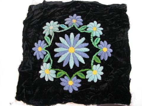 photo of funky vintage pillow top covers, looped chenille embroidery on velvet #2