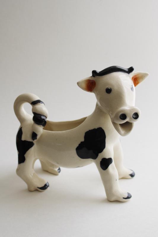 photo of funny cow cream pitcher, vintage Japan ceramic figural creamer black & white spotted cow #1