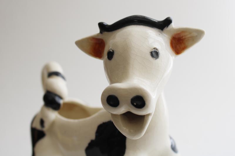 photo of funny cow cream pitcher, vintage Japan ceramic figural creamer black & white spotted cow #9