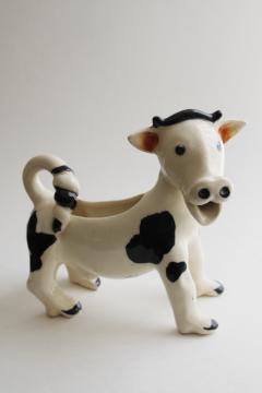 funny cow cream pitcher, vintage Japan ceramic figural creamer black & white spotted cow