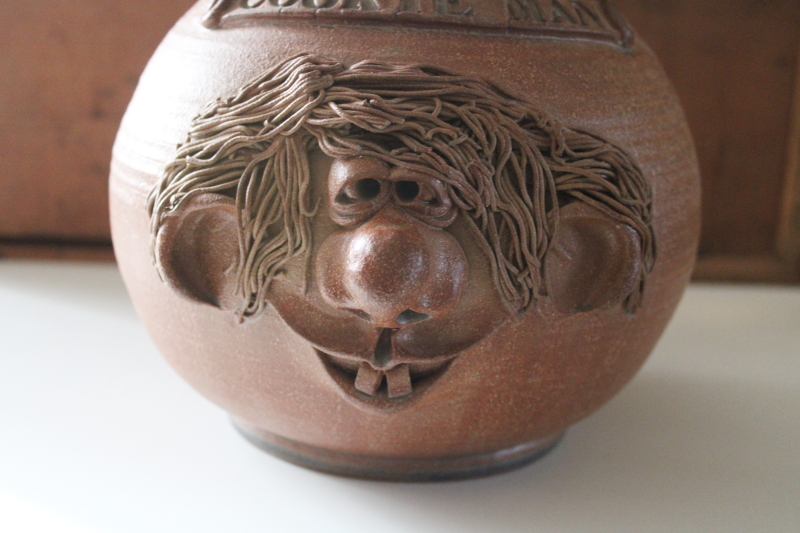 photo of funny ugly face pottery vintage cookie jar Cookie Man, artist signed pottery  #2