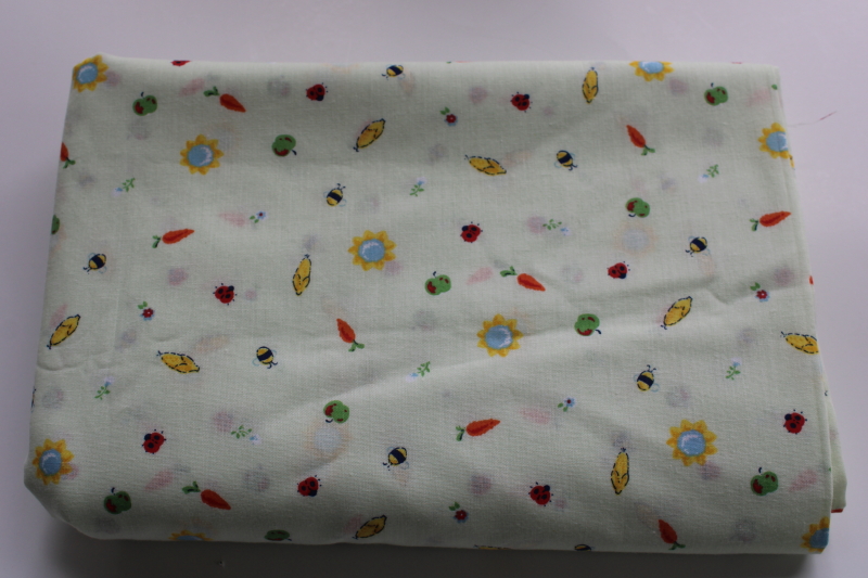 photo of garden theme tiny insects bugs & vegetables print vintage poly cotton blend fabric #1