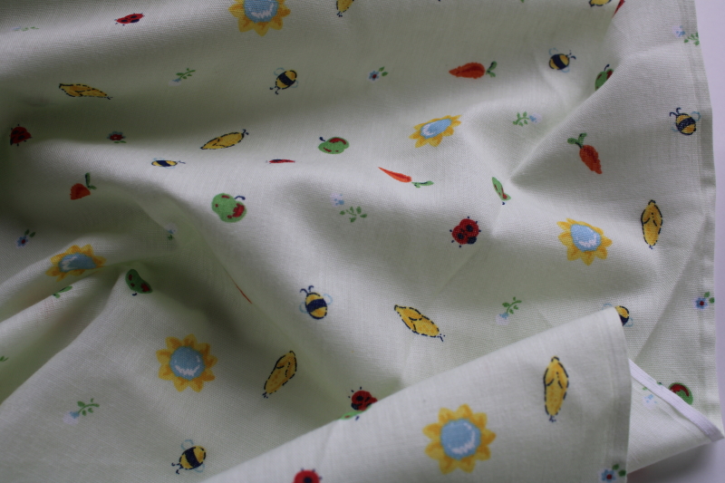 photo of garden theme tiny insects bugs & vegetables print vintage poly cotton blend fabric #2