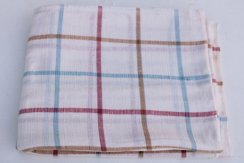 photo of gauzy soft cotton fabric homespun texture tattersall in rose, blue, tan on white #1