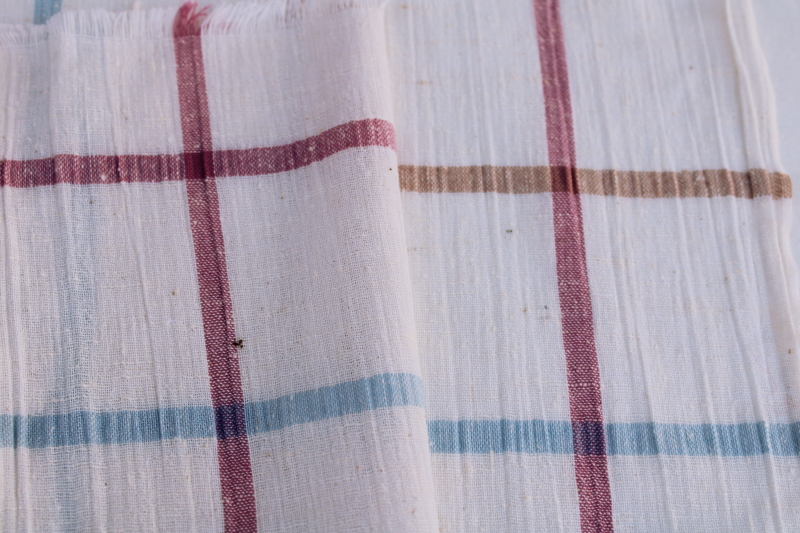 photo of gauzy soft cotton fabric homespun texture tattersall in rose, blue, tan on white #4