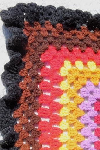 photo of giant crochet granny square afghan in a rainbow of retro colored scrap yarn #4