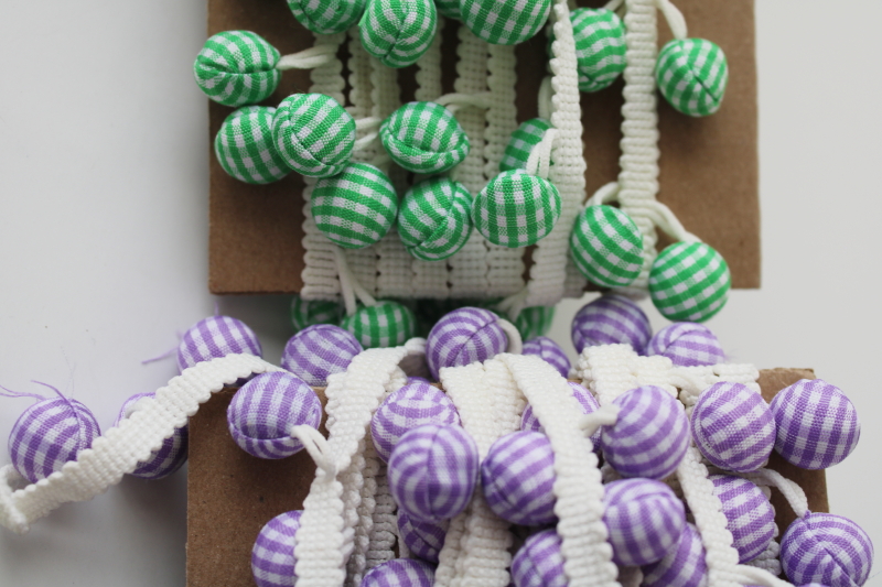 photo of gingham checked pompom fringe sewing trim, 20+ yards vintage ball tassel braid lavender & green  #2