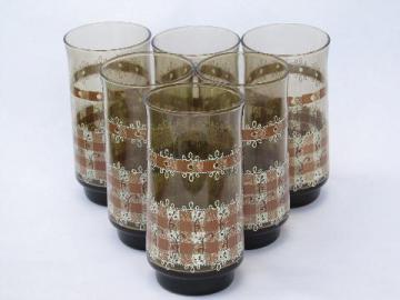 catalog photo of gingham & lace, vintage smoke brown checked eyelet print tea glasses