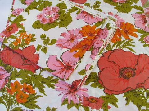 photo of glace sateen, 50s vintage glazed cotton fabric, large scale floral print in coral pink #1