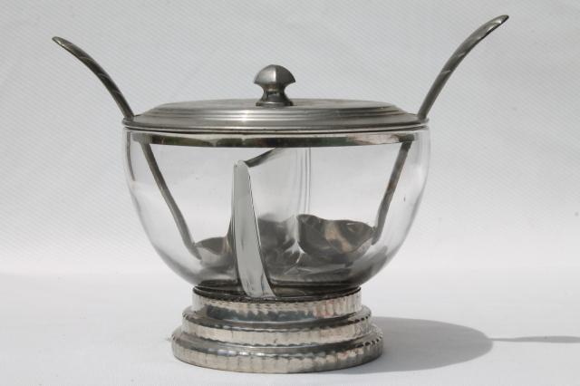 photo of glass condiment bowl or sauce dish w/ ladles, vintage Queen Art Danish Quality pewter, Brooklyn NY #1