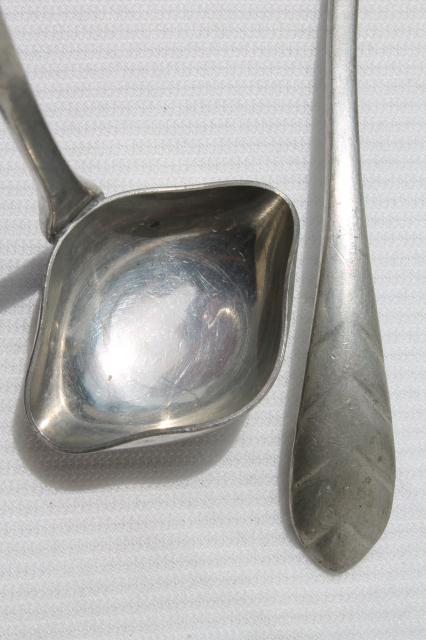 photo of glass condiment bowl or sauce dish w/ ladles, vintage Queen Art Danish Quality pewter, Brooklyn NY #4