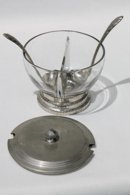 photo of glass condiment bowl or sauce dish w/ ladles, vintage Queen Art Danish Quality pewter, Brooklyn NY #7