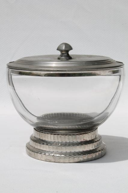 photo of glass condiment bowl or sauce dish w/ ladles, vintage Queen Art Danish Quality pewter, Brooklyn NY #8