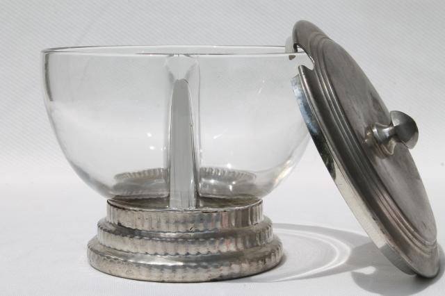 photo of glass condiment bowl or sauce dish w/ ladles, vintage Queen Art Danish Quality pewter, Brooklyn NY #9